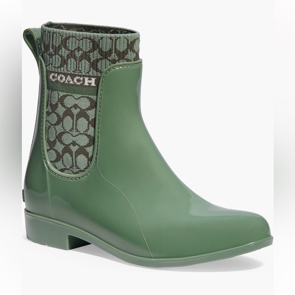 COACH Green Glossy Rain Ankle Boots - Picture 2 of 8